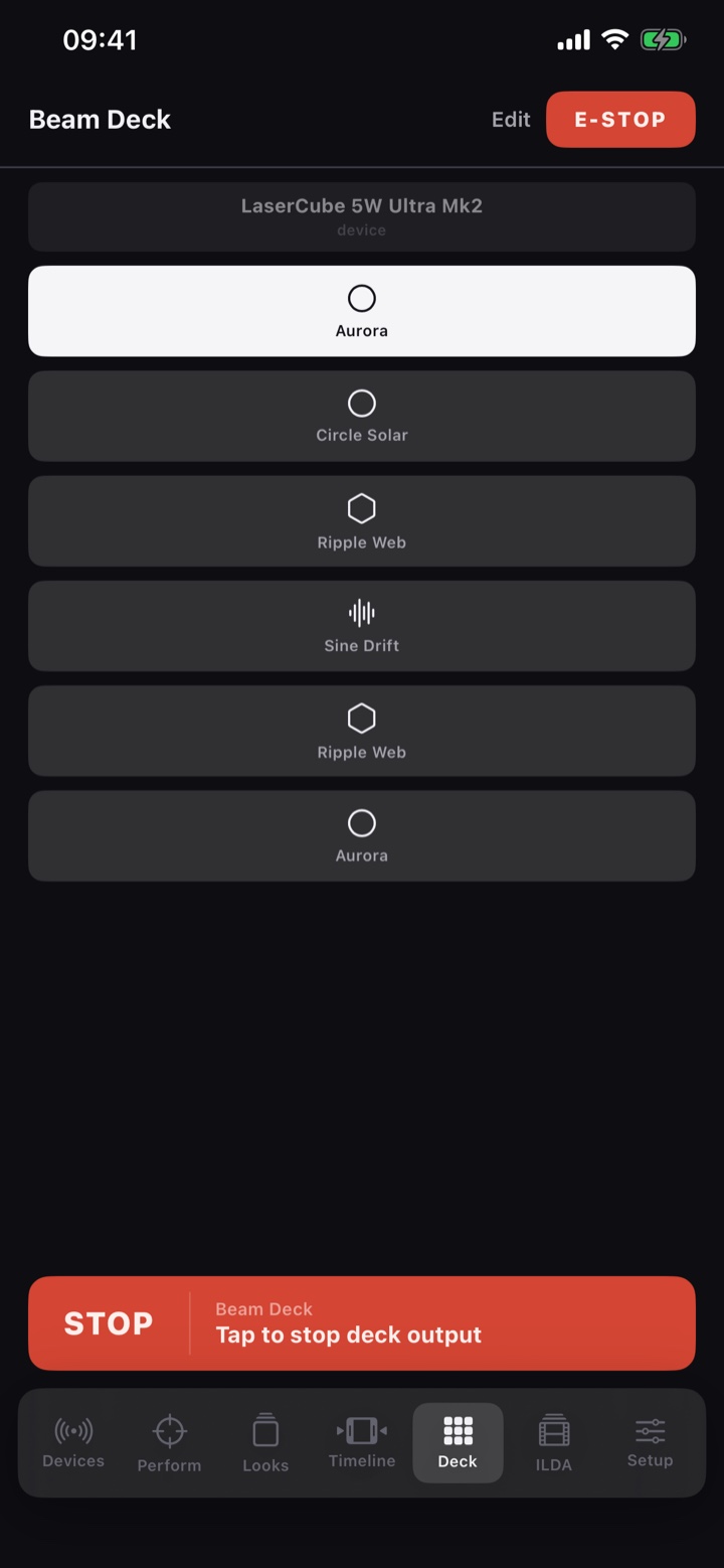 Beam Deck: a grid of saved cues, one tap each to launch live