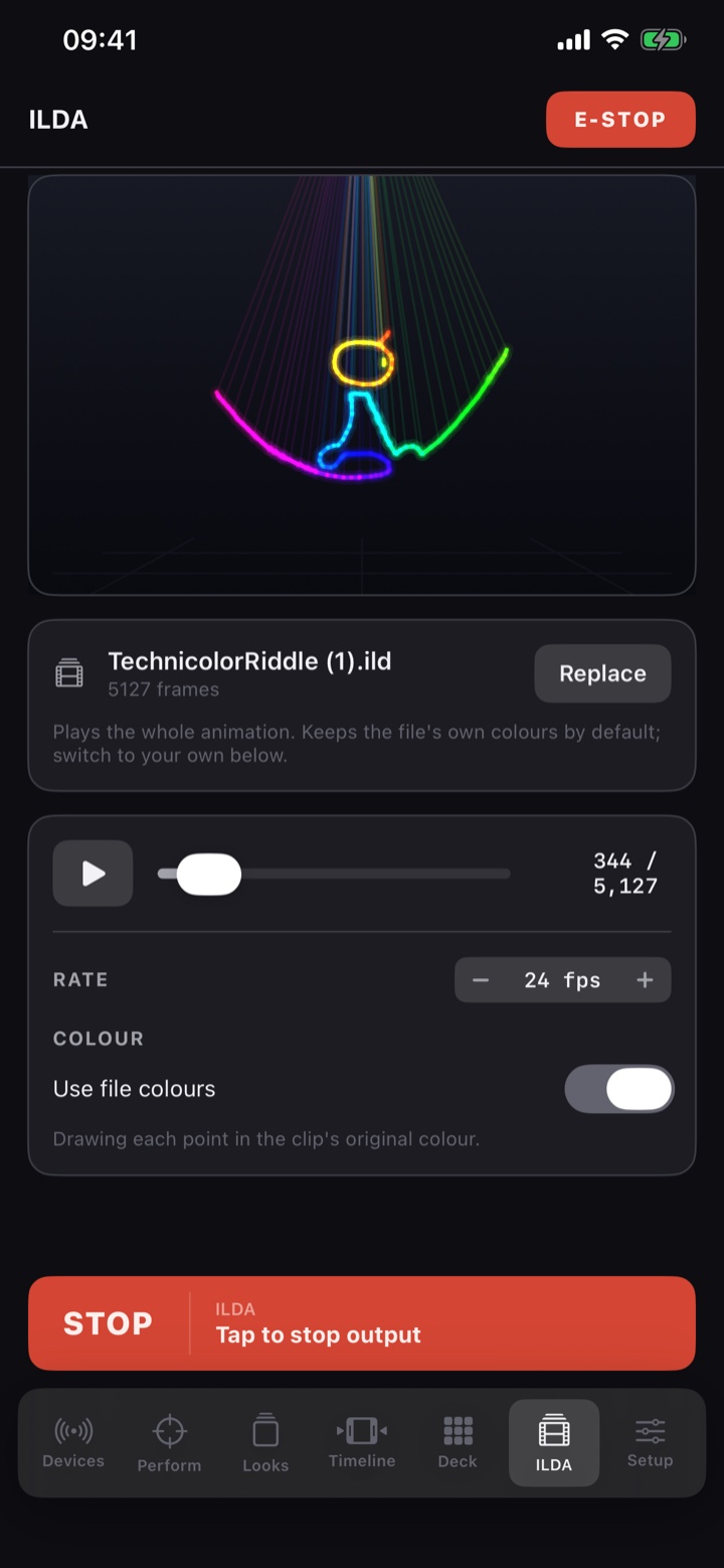 ILDA player: an imported .ild animation playing, with a frame scrubber, frame rate and use-file-colours controls
