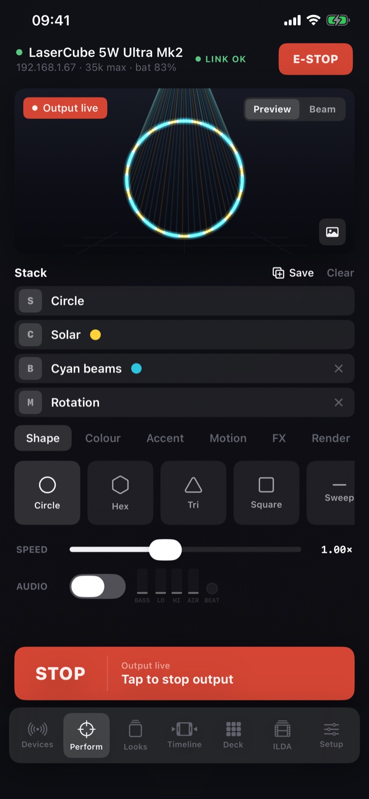 Perform screen: a Circle, Solar colour, Cyan beams and Rotation stack with the shape palette, speed and audio controls, a live preview and the GO bar